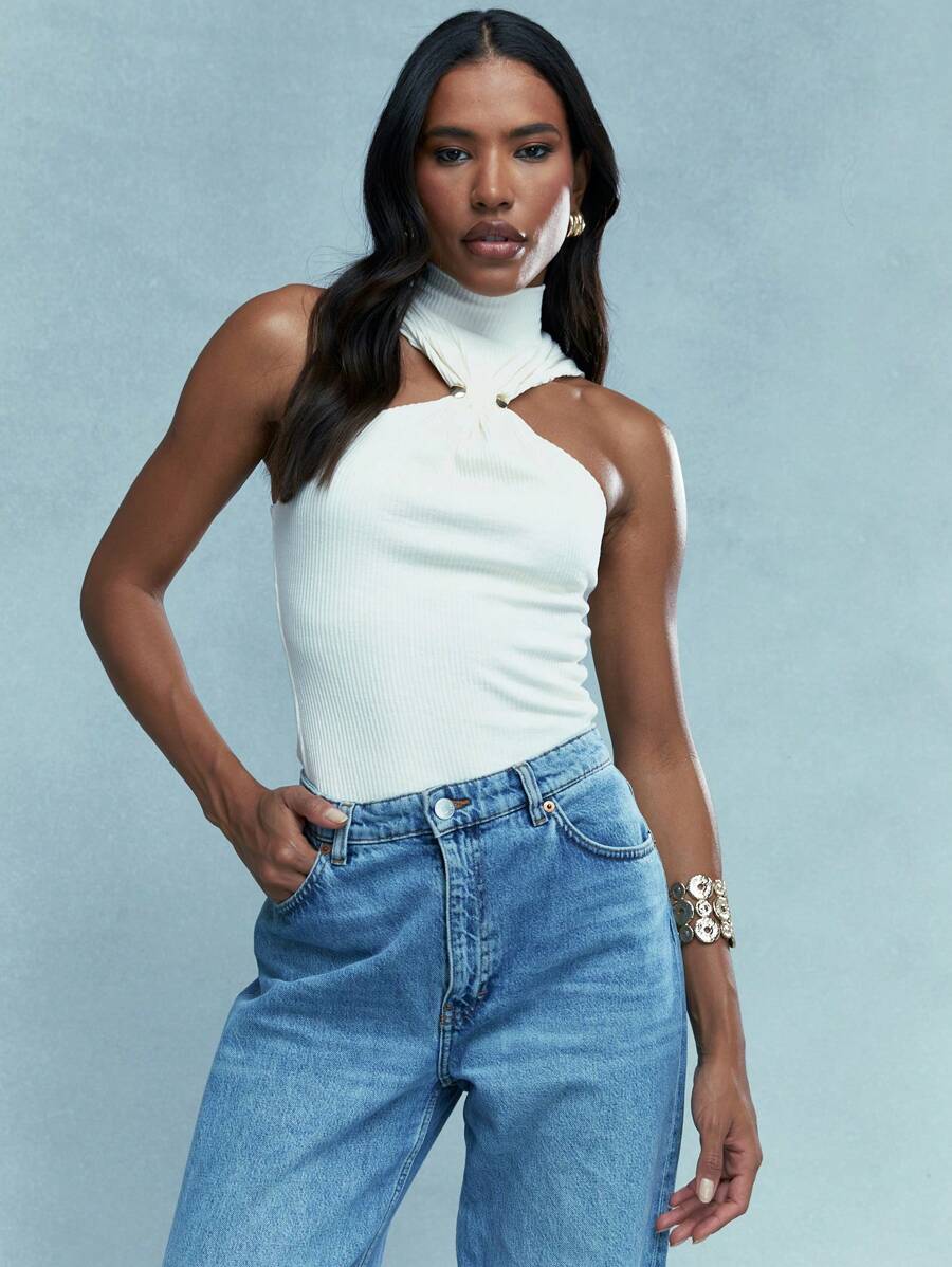 MISSGUIDED 罗纹露背上衣无袖紧身夏季背心修身镂空派对俱乐部晚装个性单品现代设计 - 白色 - 查看 1