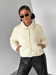 SHEIN Áo khoác đệm ngắn cổ đứng bằng vải nhung kẻ cho bé gái tuổi teen, mùa thu/đông - Màu be - Xem 6
