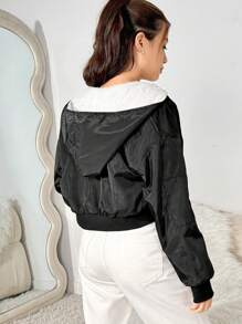 Teen Girl Casual Stylish Short Colorblock Fluffy Black Bomber Jacket - Black and White - View 2