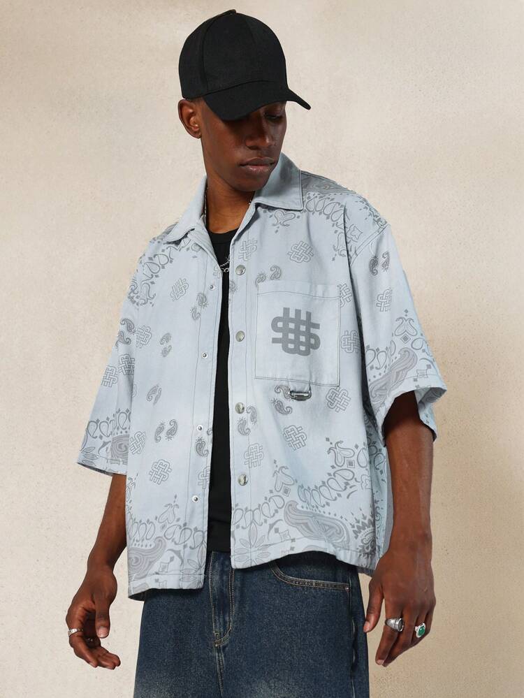 Boxy Fit Paisley Print Denim Shirt