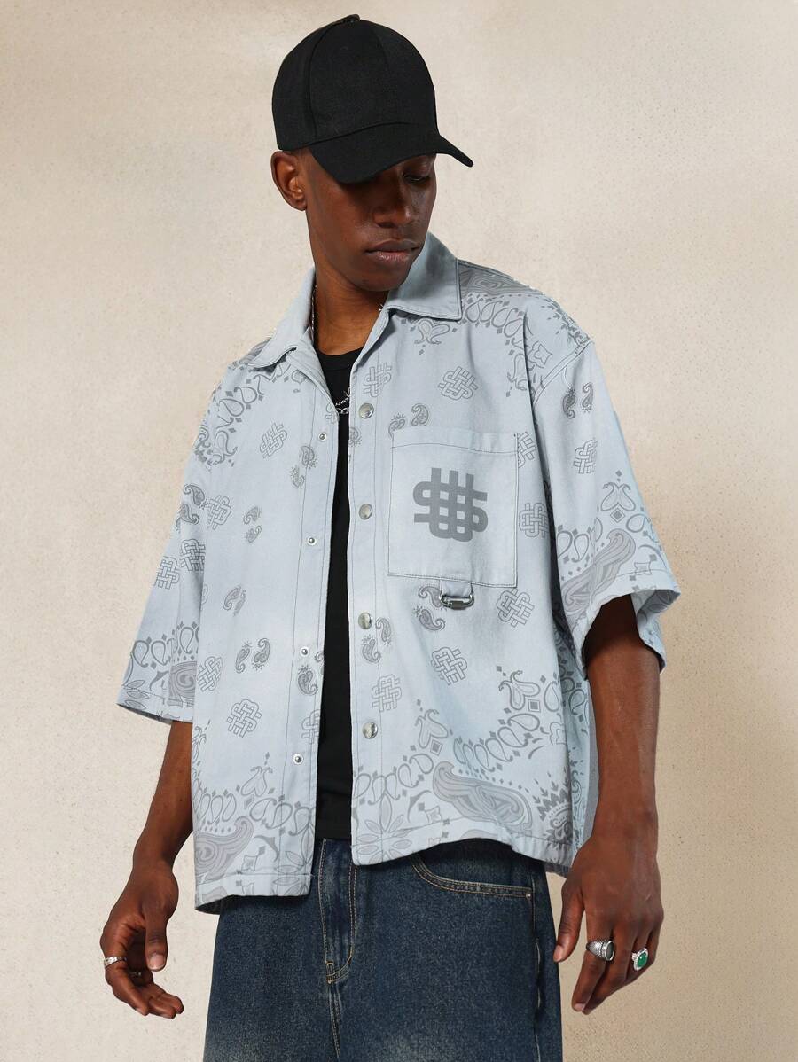 SUMWON Boxy Fit Paisley Print Denim Shirt - Multicolor - View 1