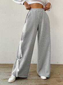 SHEIN Essnce 女士灰色蕾丝蝴蝶结阔腿运动裤