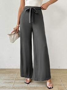 SHEIN Essnce Women's Casual Elastic Waist Bow Gray Waffle Knit Wide Leg Pants
