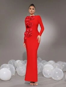 Modphy New 3D Floral Decor Mermaid Maxi Bandage Dress, Bodycon Formal Party Gown For Wedding Bridesmaids, Ladies Evening Dress Eid Al Fitr Dress - Red - View 5