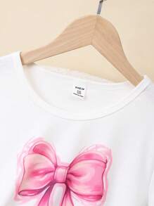 女童 2 件套睡衣套装 - 包括长裤和短袖衬衫，采用蝴蝶结印花设计，休闲优雅的家居服，适合少女 - 彩色 - 查看 4