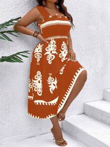 SHEIN Clasi Plus Size Women Vintage Style Print Square Neck Sleeveless Dress - Burnt Orange - View 4