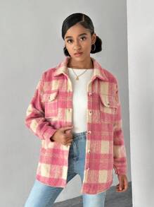 Teen Girls' Rose Red Plaid Mid-Length Casual Formal Jacket, Autumn/Winter