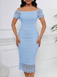 SHEIN Lady Abito da cerimonia di matrimonio Abito elegante da donna a tinta unita estivo con scollo quadrato, maniche corte a volant e pizzo a silhouette aderente - celeste - Visualizzare 7