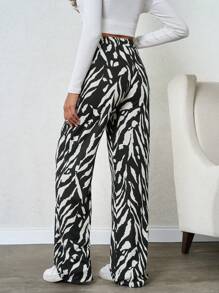 SHEIN Tall 纯棉高腰女士黑白休闲印花阔腿裤 - 黑與白 - 查看 2