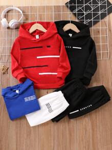 Set de 6 piezas de sudadera de manga larga con estampado de letras casual diaria y pantalones largos para niño pequeño, apropiado para primavera y otoño, adecuado para usar en la escuela, sudaderas con capucha para niños