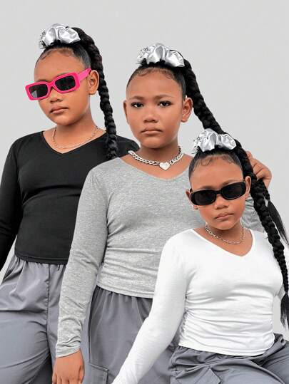 SHEIN 3pcs Tween Girls Basic Solid Color V-Neck Short Sleeve Fitted Knitted Tops