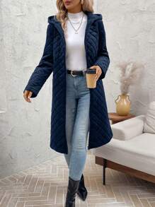 SHEIN Clasi Abrigo acolchado con capucha de moda para mujer, para otoño/invierno, con bolsillos en diagonal