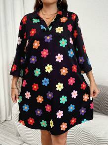 SHEIN LUNE 秋季大码花卉印花休闲连衣裙 - 彩色 - 查看 5