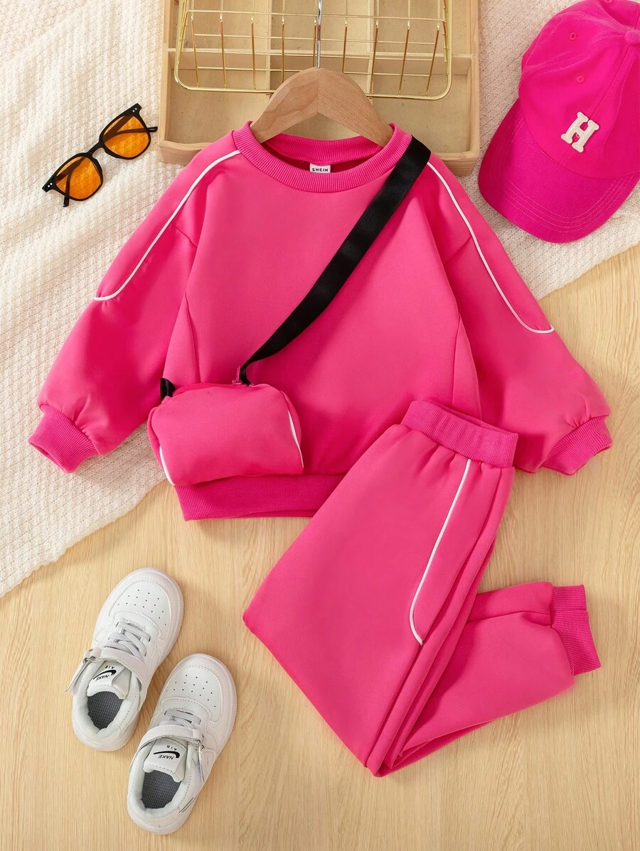 SHEIN Explorewe 2 件套年轻女孩宽松圆领长袖运动衫和运动裤休闲装,春秋季 - 玫紅色 - 查看 1
