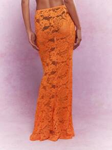 MISSGUIDED Sheer Mesh Lace Mermaid Hem Maxi Skirt - Orange - View 2