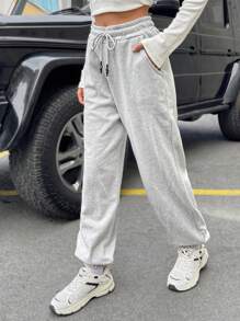 SHEIN PETITE Pantalon de jogging en coton pour femme de petite taille avec cordon de serrage à la taille, couleur unie - Gris pâle - Voir 4