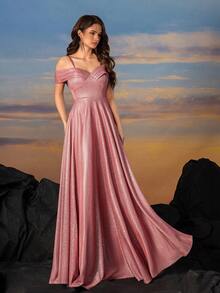 Fishbone Back Criss-Cross Banding Press Pleated Sleeve Shimmering Silk Dress - Pink - View 3