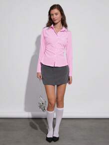 Easelle Chemise rayée à manches longues ajustée à taille plissée, décontractée pour vacances, printemps et été - Rose bonbon - Voir 4