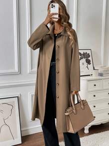Chiquease Minimalist Loose Lapel Single Breasted Long Sleeve Mid-Length Women Brown Trench Coat Fall Winter Cloth For Women - Mocha Brown - View 4