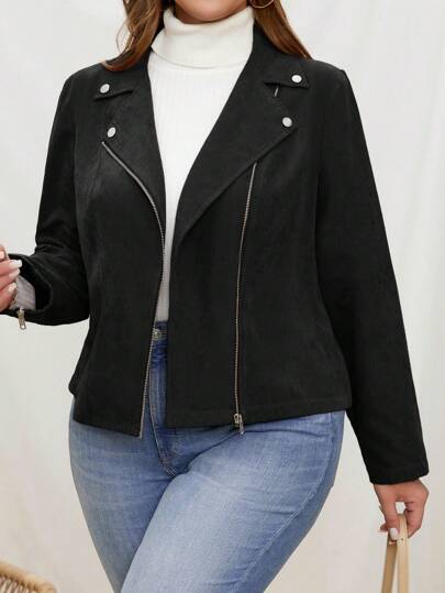 SHEIN LUNE Chaqueta de motocicleta de serraje sintético marrón de talla grande con decoración de botones de metal