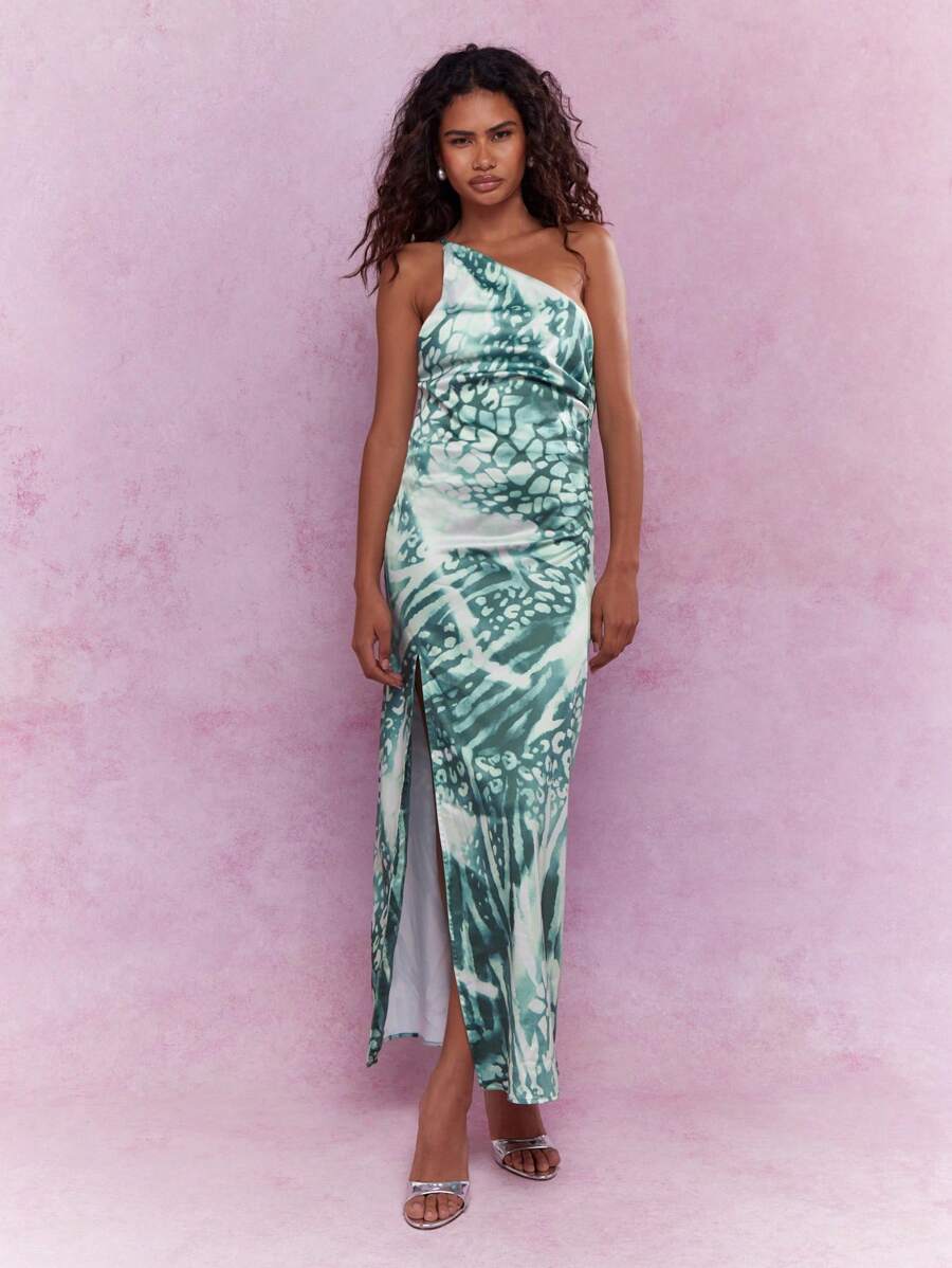 MISSGUIDED Printed Asymmetric One Shoulder Side Slit Midi Dress - Multicolor - View 1