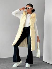 Chaleco acolchado y acolchado con capucha para exteriores para adolescentes, color beige