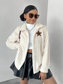 SHEIN Teen Girls' Striped Fluffy Coffee Star Jacket - Apricot - View 1