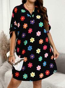 SHEIN LUNE 秋季大码花卉印花休闲连衣裙 - 彩色 - 查看 6