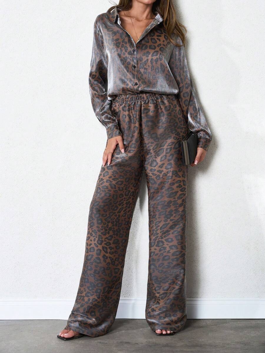 SHEIN Tall Women's Tall Leopard Print Shirt, Pants Two-Pieces Co-Order Set - Multicolor - View 1