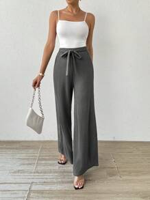 SHEIN Essnce Women's Casual Elastic Waist Bow Gray Waffle Knit Wide Leg Pants