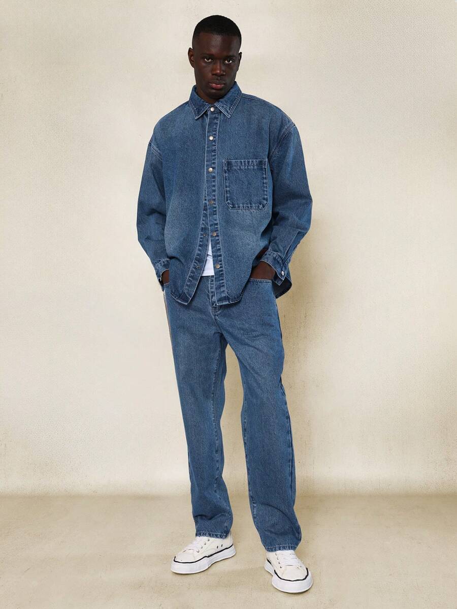 SUMWON Bộ 2 món áo sơ mi denim viền cong oversized và quần jean ống đứng - Màu xanh lam - Xem 1