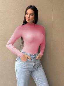 SHEIN Essnce 女士长袖立领渐变色修身紧身衣 - 粉色 - 查看 3