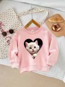 SHEIN Heart Cat Print, Young Girls Casual Daily Cozy Knitted Long Sleeve Sweatshirt, Suitable For Autumn Winter - Pink - View 1