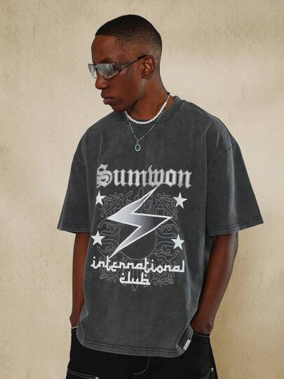 SUMWON 正面印花、背面刺绣水洗 T 恤