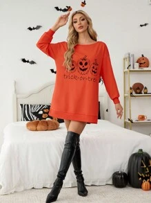 SHEIN Essnce Damen Halloween Thema Sweatshirt mit Langarm und Rundhals-Ausschnitt, Grafik Sweatshirt, Kürbis Sweatshirt, Halloween Sweatshirt, Halloween Kleidung, Oversized Sweatshirt, Warm gefütterter Sweatshirt mit Fleece, Off-Shoulder Sweatshirt - Gebrannte Orange - Übersicht 5