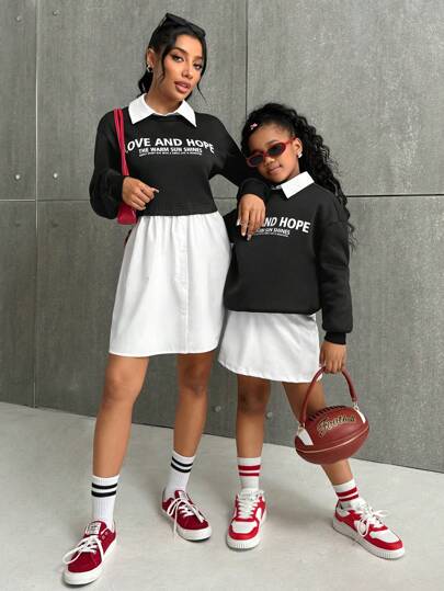 SHEIN Tween Girl Casual Mock 2-Piece Long Sleeve Sweatshirt, "Mommy And Me" Matching Outfits (2 Pieces Sold Separately)