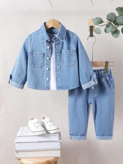 SHEIN Playful Pals Baby Boy Casual Washed Denim Outfit, Fall/Winter