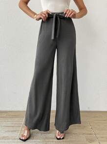 SHEIN Essnce Women's Casual Elastic Waist Bow Gray Waffle Knit Wide Leg Pants