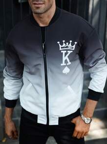 Manfinity Homme 男士渐变色印花长袖户外风衣夹克，外出街头穿搭拉链字母拼色夹克，送给朋友、丈夫、男朋友的礼物，男士飞行员夹克，黑白夹克，男士图案夹克