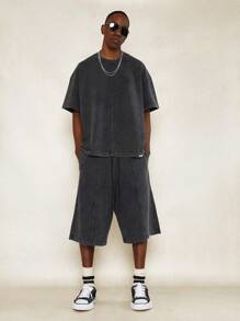 SUMWON Washed Tee And Jort With Front & Back Seam Detail 2 Piece Set - Grey - View 1