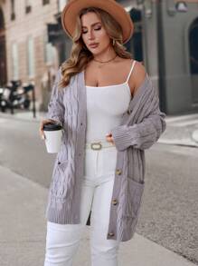 EMERY ROSE Plus Size Women's Solid Color Cable Knit Cardigan - Grey - View 3