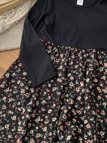 SHEIN Leap Crew Young Girl Knitted Solid Color Patchwork Floral Casual Dress - Black - View 6