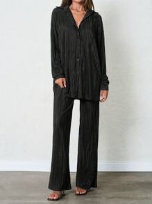 SHEIN Tall Women's Tall Pleated Two-Piece Outfits - Black - View 7