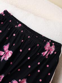 女童 2 件套睡衣套装 - 包括长裤和短袖衬衫，采用蝴蝶结印花设计，休闲优雅的家居服，适合少女 - 彩色 - 查看 5