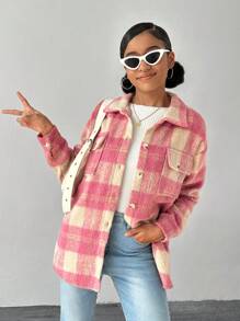 Teen Girls' Rose Red Plaid Mid-Length Casual Formal Jacket, Autumn/Winter
