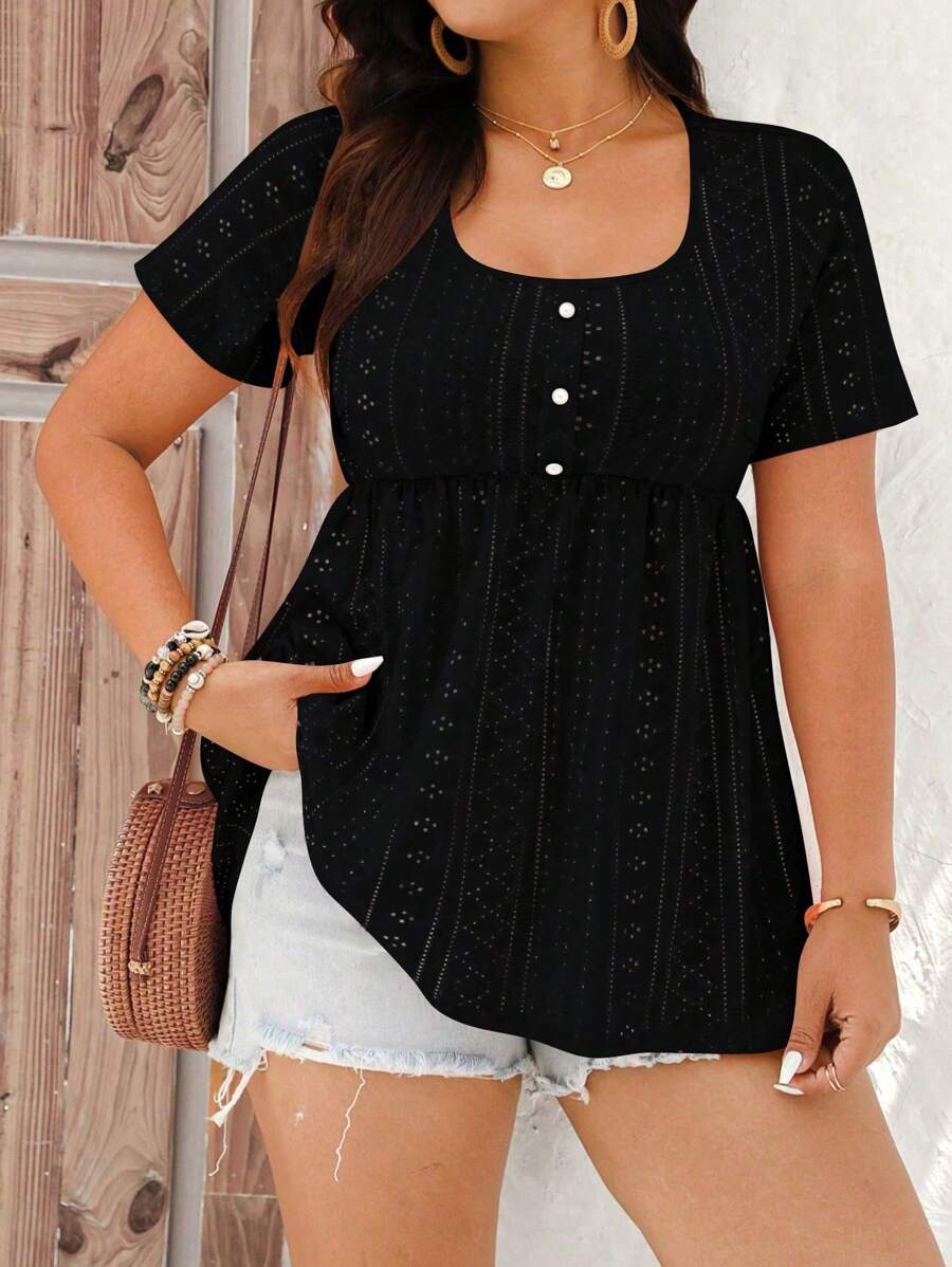 EMERY ROSE Plus Size Women Summer Solid Color Button Half-Placket Short Sleeve Casual T-Shirt - Black - View 1