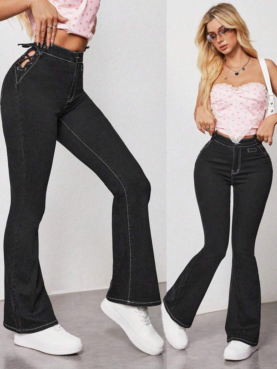SHEIN EZwear Lace Up Side Solid Flare Leg Jeans - Black - View 1