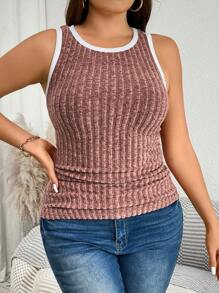 SHEIN LUNE Fall Plus Size Women Athleisure Sportswear Contrast Binding Tank Top With Ribbed Knit , Travel Airport - Dusty Pink - View 6
