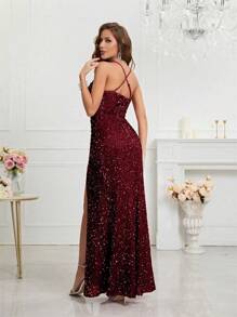 UNITHORSE Split Thigh Sequin Valentine's Day Cami Dress Elegant Formal Evening Prom Wedding Guest Gown, For Graduation, Dinner Party Dress, School Clothes - Màu Đỏ Sâu - Xem 3