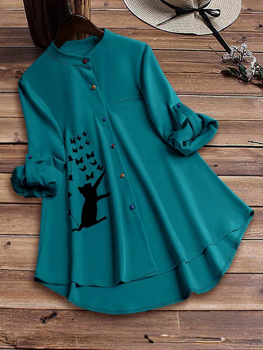 SHEIN LUNE Stand Collar, Colorful Button Front, Cat & Butterfly Print, Half-Arc Hem Shirt With Sleeve Cuffs Fall Cloth For Women - Teal Blue - View 1
